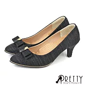 【Pretty】女 高跟鞋 宴會鞋 金蔥 法式蝴蝶結 尖頭 台灣製 JP22.5 黑色