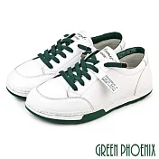 ◤Green Phoenix◥韓國進口撞色標籤車縫全真皮平底休閒鞋/小白鞋 JP23 白綠