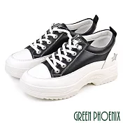 ◤Green Phoenix◥韓國進口百搭純色水鑽星星直套式內增高真皮厚底休閒鞋 JP22.5 黑色