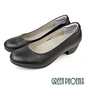 【GREEN PHOENIX】女 低跟鞋 包鞋 素面 全真皮 OL通勤 上班 面試 粗跟 EU35 黑色