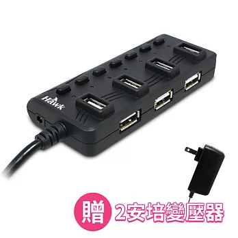 Esense USB 2.0 擴充戰士升級版 7埠 HUB集線器 含2A變壓器(01-GPH775BK-N) 黑色