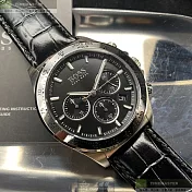 BOSS伯斯精品錶,編號：HB1513752,42mm圓形銀精鋼錶殼黑色錶盤真皮皮革深黑色錶帶