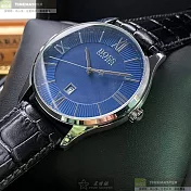 BOSS伯斯精品錶,編號：HB1513553,42mm圓形銀精鋼錶殼寶藍色錶盤真皮皮革深黑色錶帶