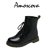 【Amoscova】女靴 馬丁靴 綁帶 短靴 中筒靴 英倫復古 靴子(1625) EU36 黑色