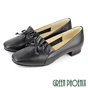 【GREEN PHOENIX】女 低跟鞋 樂福鞋 荷葉邊 蝴蝶結 全真皮 粗跟 方頭 OL通勤 上班 台灣製 US7.5 黑色
