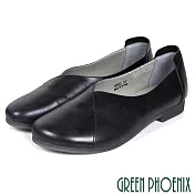 【GREEN PHOENIX】女 低跟鞋 包鞋 V型剪裁 全真皮 粗跟 通勤 上班 EU38 黑色