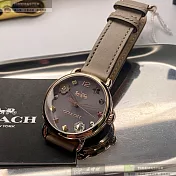 COACH蔻馳精品錶,編號：CH00058,36mm圓形玫瑰金精鋼錶殼深灰色錶盤真皮皮革淺灰錶帶