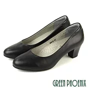 【GREEN PHOENIX】女 中跟鞋 素面 全真皮 粗跟 OL通勤 上班 面試 EU39 黑色