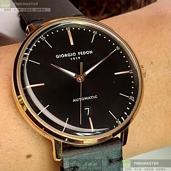 Giorgio Fedon 1919喬治飛登精品錶,編號：GF00046,42mm圓形玫瑰金精鋼錶殼黑色錶盤真皮皮革深黑色錶帶