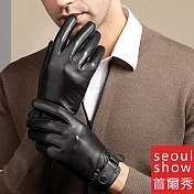 seoul show首爾秀 腕帶釦環進口頭層羊皮男士真皮保暖手套  黑色