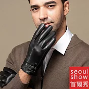 seoul show首爾秀 箭頭釦環進口頭層羊皮男士真皮觸控保暖手套  黑色