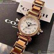 COACH蔻馳精品錶,編號：CH00060,24mm圓形玫瑰金精鋼錶殼白色錶盤精鋼玫瑰金色錶帶