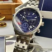 MASERATI瑪莎拉蒂精品錶,編號：R8873134002,44mm圓形銀精鋼錶殼寶藍色錶盤精鋼銀色錶帶