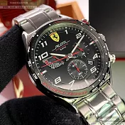 FERRARI法拉利精品錶,編號：FE00034,44mm圓形銀精鋼錶殼黑色錶盤精鋼銀色錶帶
