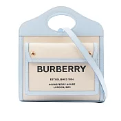 BURBERRY 帆布拼皮革手提/斜背口袋包(Mini) (自然色/淡藍色)