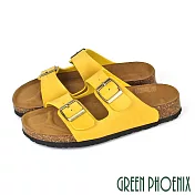 【GREEN PHOENIX】女 拖鞋 寬版 二字 雙皮帶釦 平底 台灣製 JP23.5 黃色