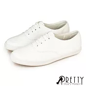 【Pretty】女 休閒鞋 日系 素面 彈性鞋帶 免綁帶 直套式 平底 台灣製 JP25.5 白色