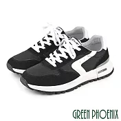 【GREEN PHOENIX】男 運動鞋 慢跑鞋 休閒鞋 復古風 仿麂皮 拼接 撞色 厚底 EU41 黑色