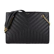 YSL Saint Laurent Joan Shopper燙金LOGOY字縫線雙鏈袋肩背包- 黑
