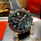 FERRARI法拉利精品錶,編號：FE00039,44mm圓形玫瑰金精鋼錶殼黑色錶盤矽膠深黑色錶帶