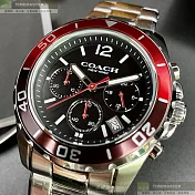 COACH蔻馳精品錶,編號：CH00062,44mm圓形紅黑色精鋼錶殼黑色錶盤精鋼銀色錶帶
