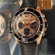 COACH蔻馳精品錶,編號：CH00063,44mm圓形玫瑰金精鋼錶殼玫瑰金色錶盤真皮皮革深黑色錶帶
