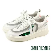【GREEN PHOENIX】女 休閒鞋 國際精品 螢光色 胎牛皮 綁帶 厚底 西班牙原裝 EU38 白色