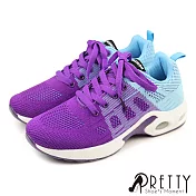 【Pretty】女款時尚撞色飛織布綁帶氣墊休閒鞋 EU36 紫色