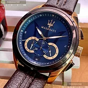 MASERATI瑪莎拉蒂精品錶,編號：R8871612024,46mm圓形玫瑰金精鋼錶殼寶藍色錶盤真皮皮革咖啡色錶帶