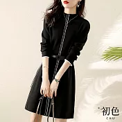 【初色】時尚簡約撞色收腰洋裝-黑色-91561(M-2XL可選) M 黑色