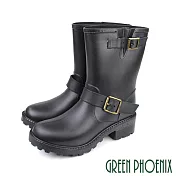 【GREEN PHOENIX】女 雨靴 雨鞋 中筒 雙皮帶飾釦 防水 EU37 黑色