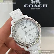 COACH蔻馳精品錶,編號：CH00069,34mm圓形白陶瓷錶殼白色錶盤陶瓷白錶帶