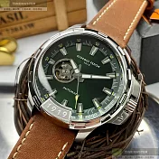 Giorgio Fedon 1919喬治飛登精品錶,編號：GF00053,46mm圓形銀精鋼錶殼墨綠色錶盤真皮皮革咖啡色錶帶