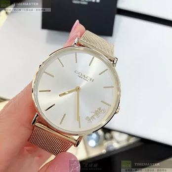 COACH蔻馳精品錶,編號：CH00073,34mm圓形金色精鋼錶殼白色錶盤米蘭金色錶帶