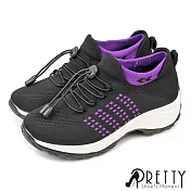 【Pretty】高彈力撞色百搭飛線編織襪套式厚底運動休閒鞋 EU36 紫色