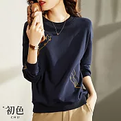 【初色】貓咪刺繡長袖T恤-藏青色-91689(M-2XL可選) M 藏青色