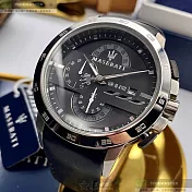 MASERATI瑪莎拉蒂精品錶,編號：R8871619004,46mm圓形銀精鋼錶殼黑色錶盤真皮皮革深黑色錶帶