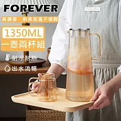 【日本FOREVER】耐熱玻璃玫瑰金把手水壺1350ML附水杯2入組(一壺兩杯組)