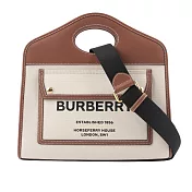 BURBERRY 帆布拼皮革小款口袋托特包 (自然色/麥芽棕)