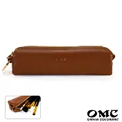 【OMC】義大利植鞣革長筒型拉鍊文具刷具收納袋- 棕色
