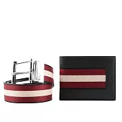 BALLY 紅白織帶雙面可用皮帶 90cm+平滑皮革6卡短夾禮盒組 (黑色)