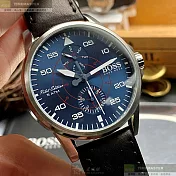 BOSS伯斯精品錶,編號：HB1513515,44mm圓形銀精鋼錶殼寶藍色錶盤真皮皮革深黑色錶帶