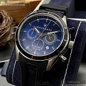 MASERATI瑪莎拉蒂精品錶,編號：R8871624003,44mm圓形銀精鋼錶殼寶藍色錶盤矽膠深黑色錶帶