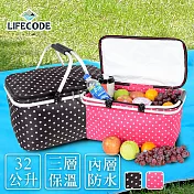 【LIFECODE】《點點風》鋁合金折疊保冰袋/保溫野餐提籃/買菜購物籃 桃紅色