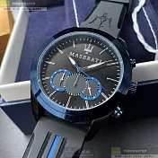 MASERATI瑪莎拉蒂精品錶,編號：R8871612006,46mm圓形寶藍精鋼錶殼黑色錶盤矽膠深黑色錶帶