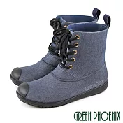 【GREEN PHOENIX】女 雨靴 雨鞋 短筒 仿布質感 綁帶 防水 EU37 藍色