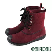 【GREEN PHOENIX】女 雨靴 雨鞋 短筒 仿布質感 綁帶 防水 EU36 磚紅色