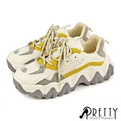 【Pretty】女款運動風個性撞色異質拼接厚底休閒鞋/老爹鞋 JP23 米色