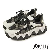 【Pretty】女款運動風個性撞色異質拼接厚底休閒鞋/老爹鞋 JP23.5 黑色