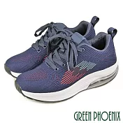 【GREEN PHOENIX】女 休閒鞋 健走鞋 透氣 飛線編織 綁帶 厚底 氣墊 EU39 藍色